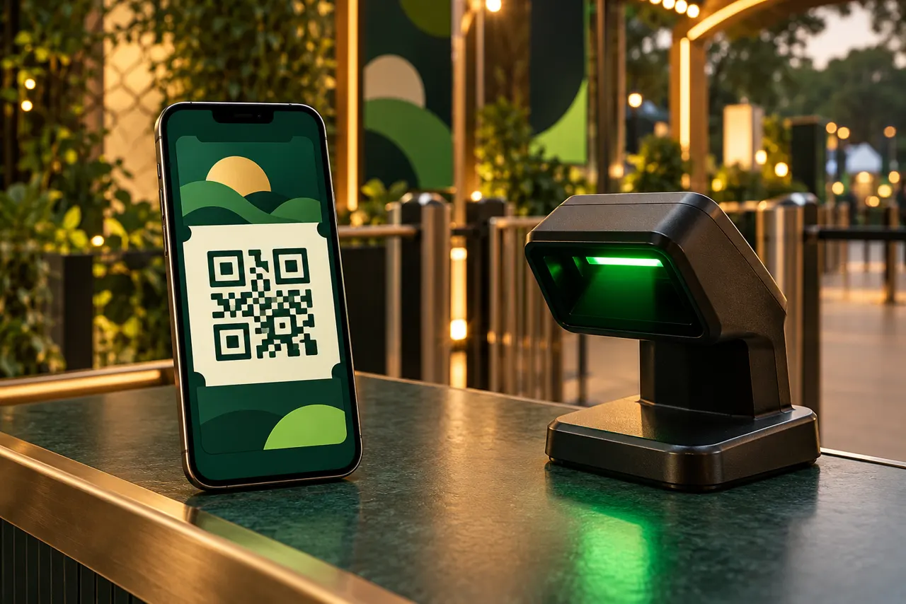 Phone with a digital QR pass beside a gate scanner