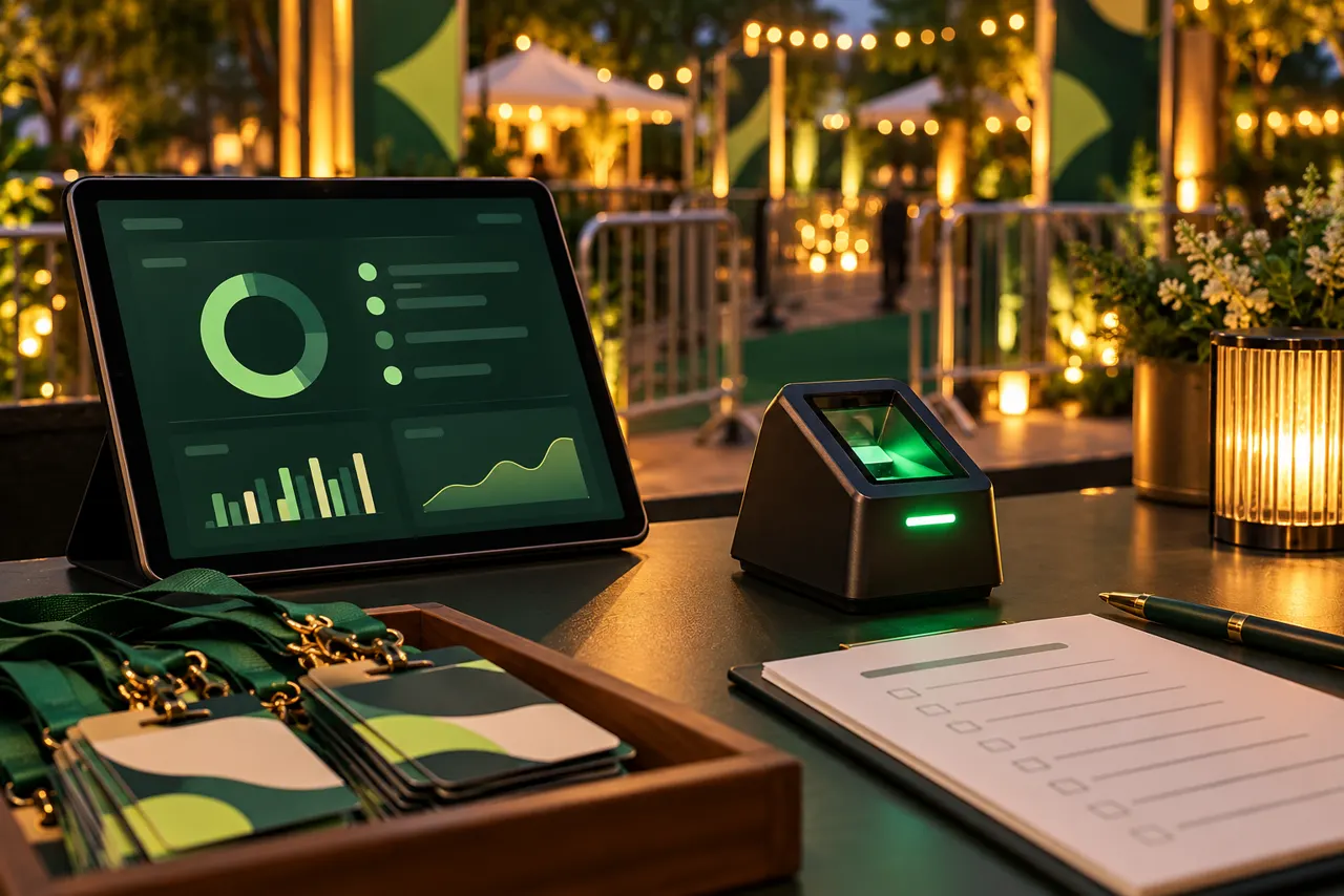 Gate scanner beside an organizer attendance dashboard