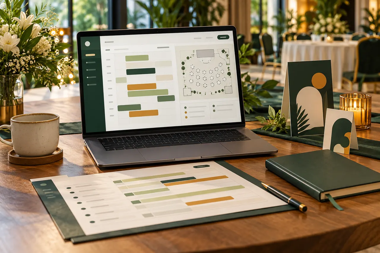 Laptop displaying event information alongside scheduling notes